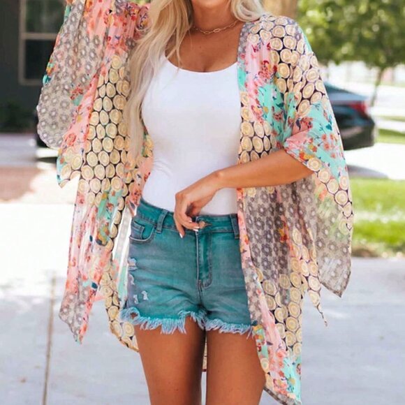 Multicolor Boho Womens Allover Print Batwing Sleeve Kimono - Picture 2 of 5